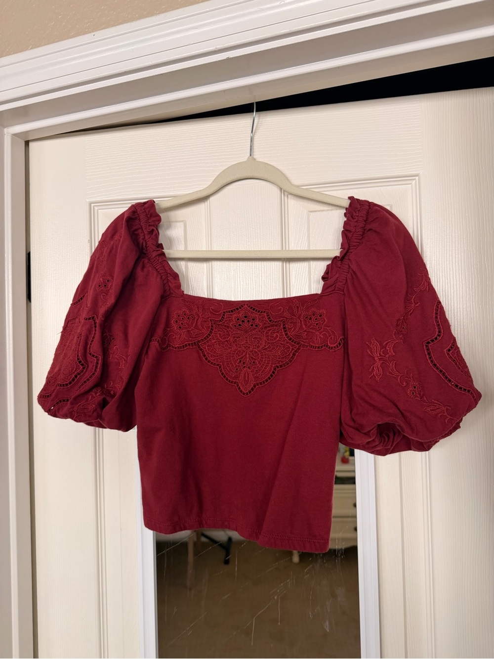 Express Burgundy Puff Sleeve Square Neck Embroidered Top